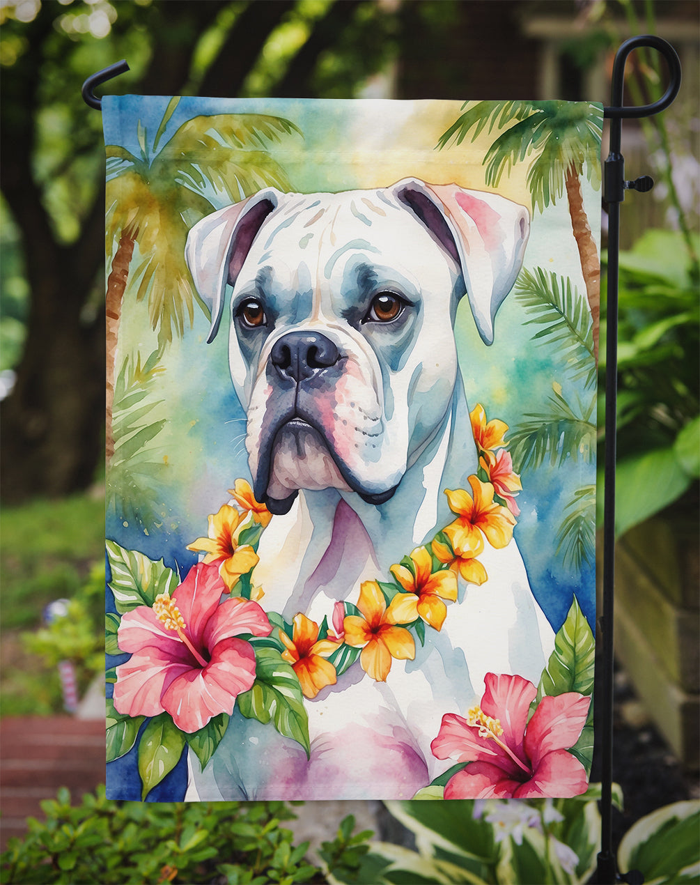 White Boxer Luau Garden Flag