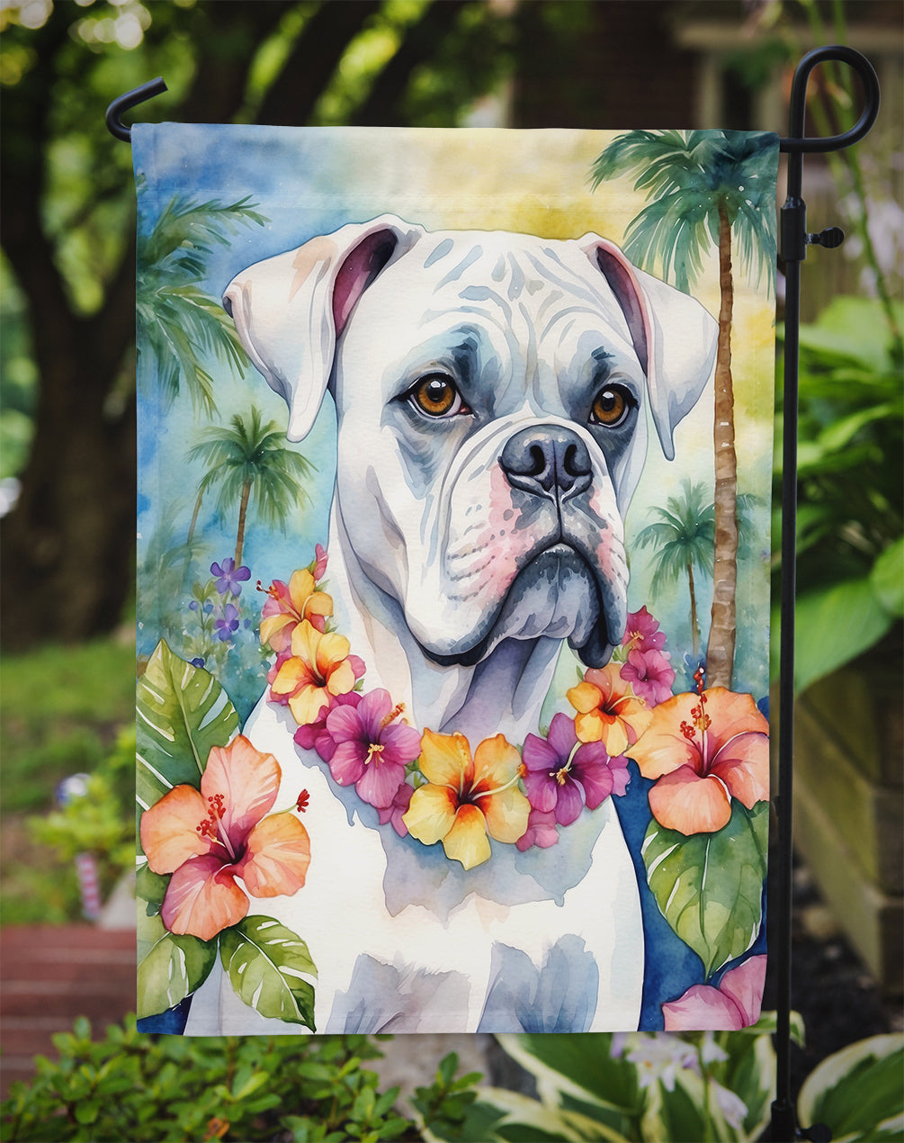 White Boxer Luau Garden Flag