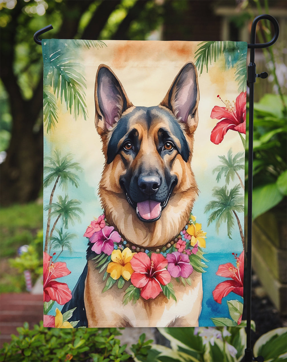 German Shepherd Luau Garden Flag