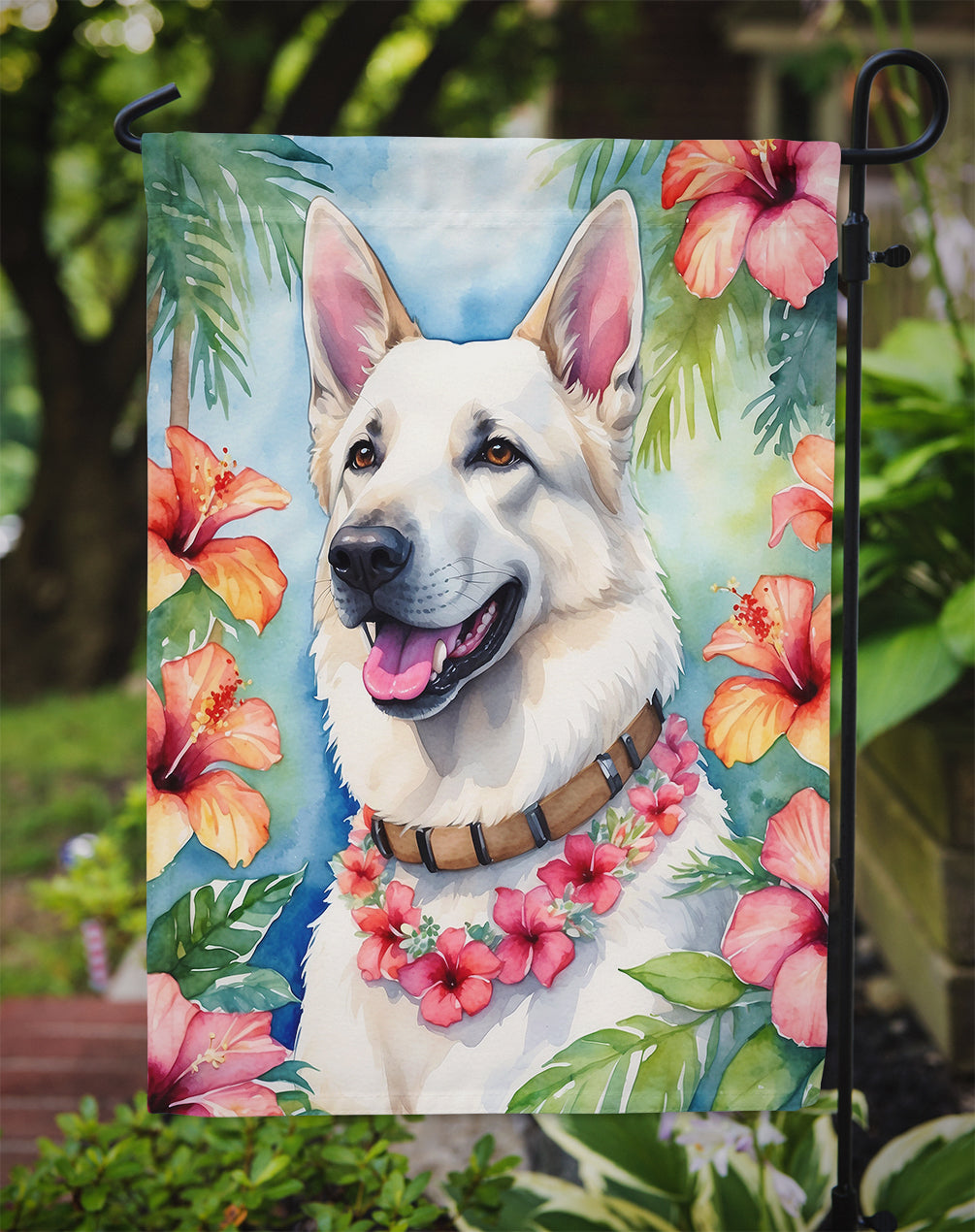 White German Shepherd Luau Garden Flag