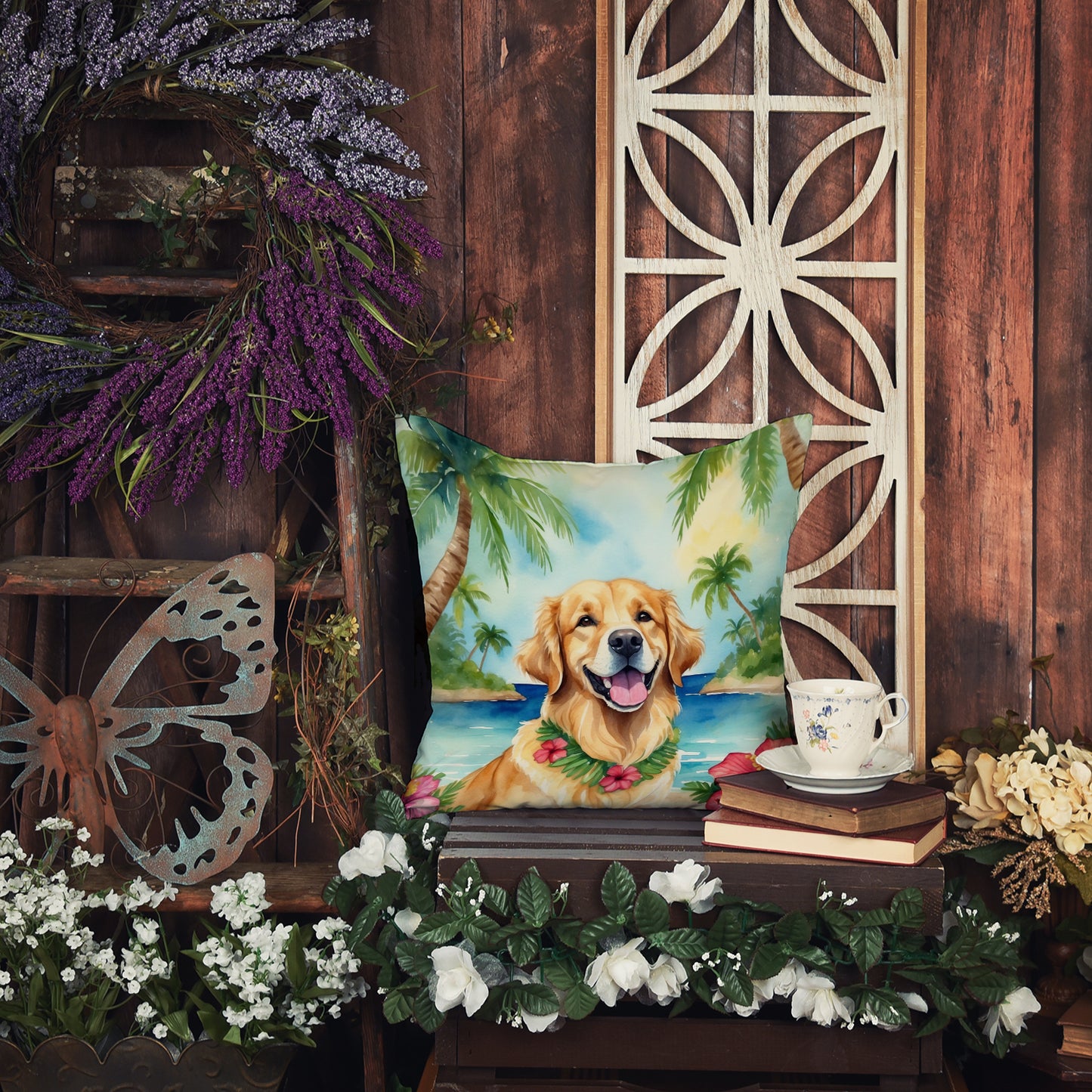 Golden Retriever Luau Throw Pillow