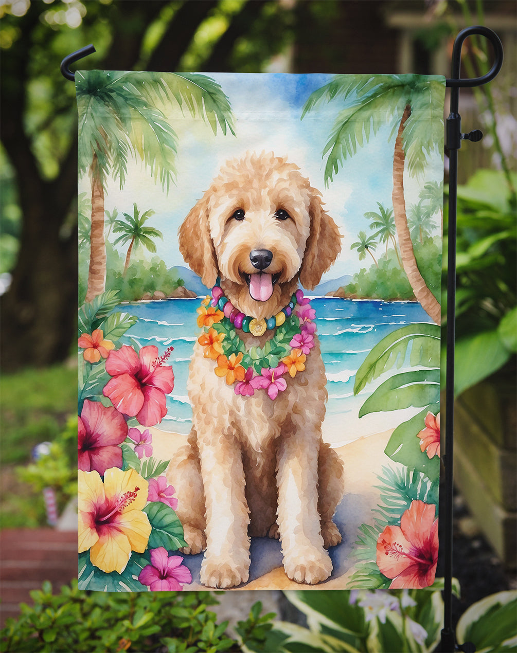 Goldendoodle Luau Garden Flag