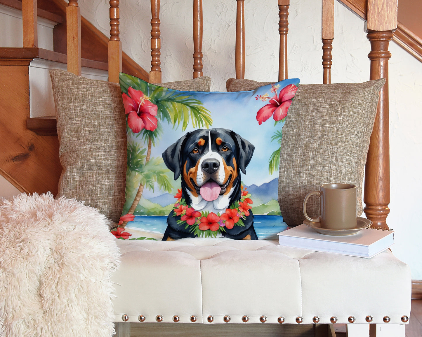 Greater Swiss Mountain Dog Luau Throw Pillow