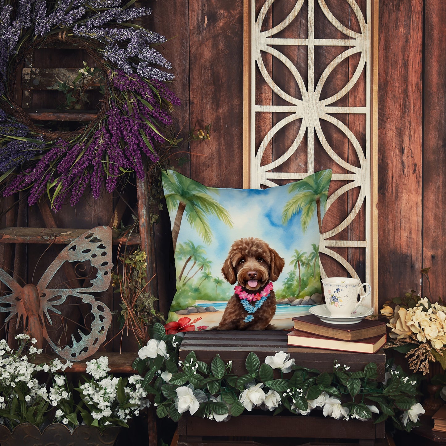 Labradoodle Luau Throw Pillow