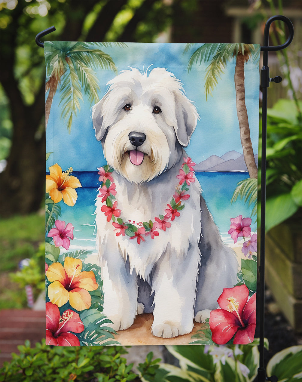 Old English Sheepdog Luau Garden Flag