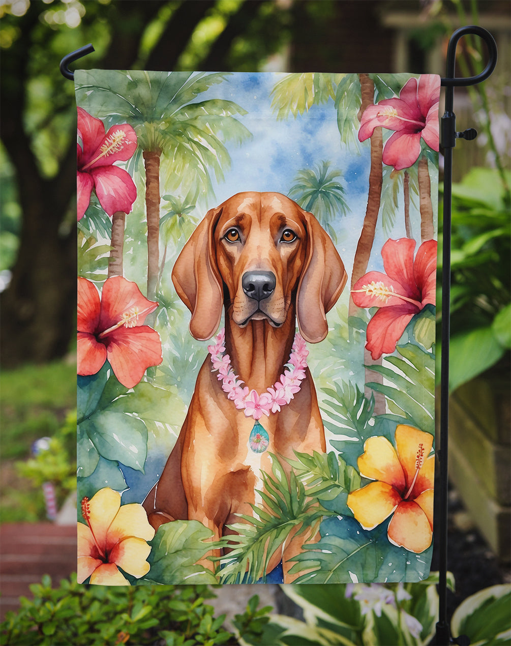 Redbone Coonhound Luau Garden Flag