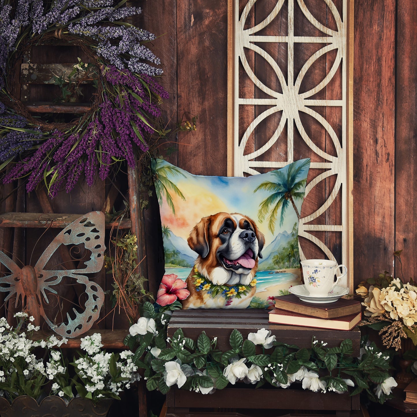 Saint Bernard Luau Throw Pillow