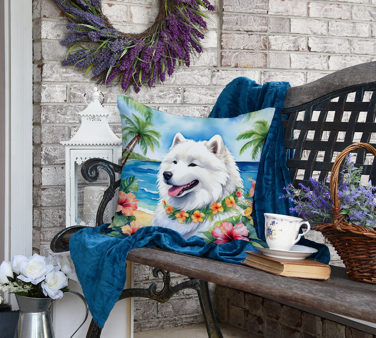 Samoyed Luau Throw Pillow