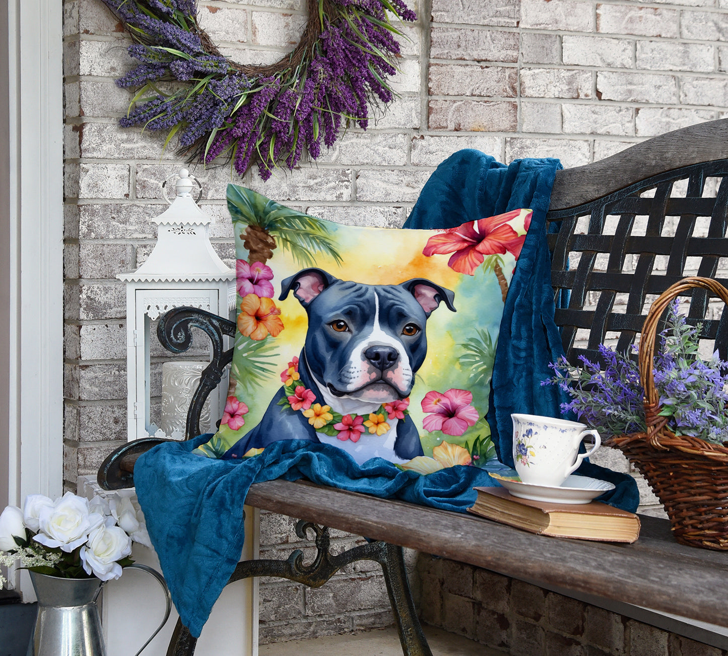 Staffordshire Bull Terrier Luau Throw Pillow