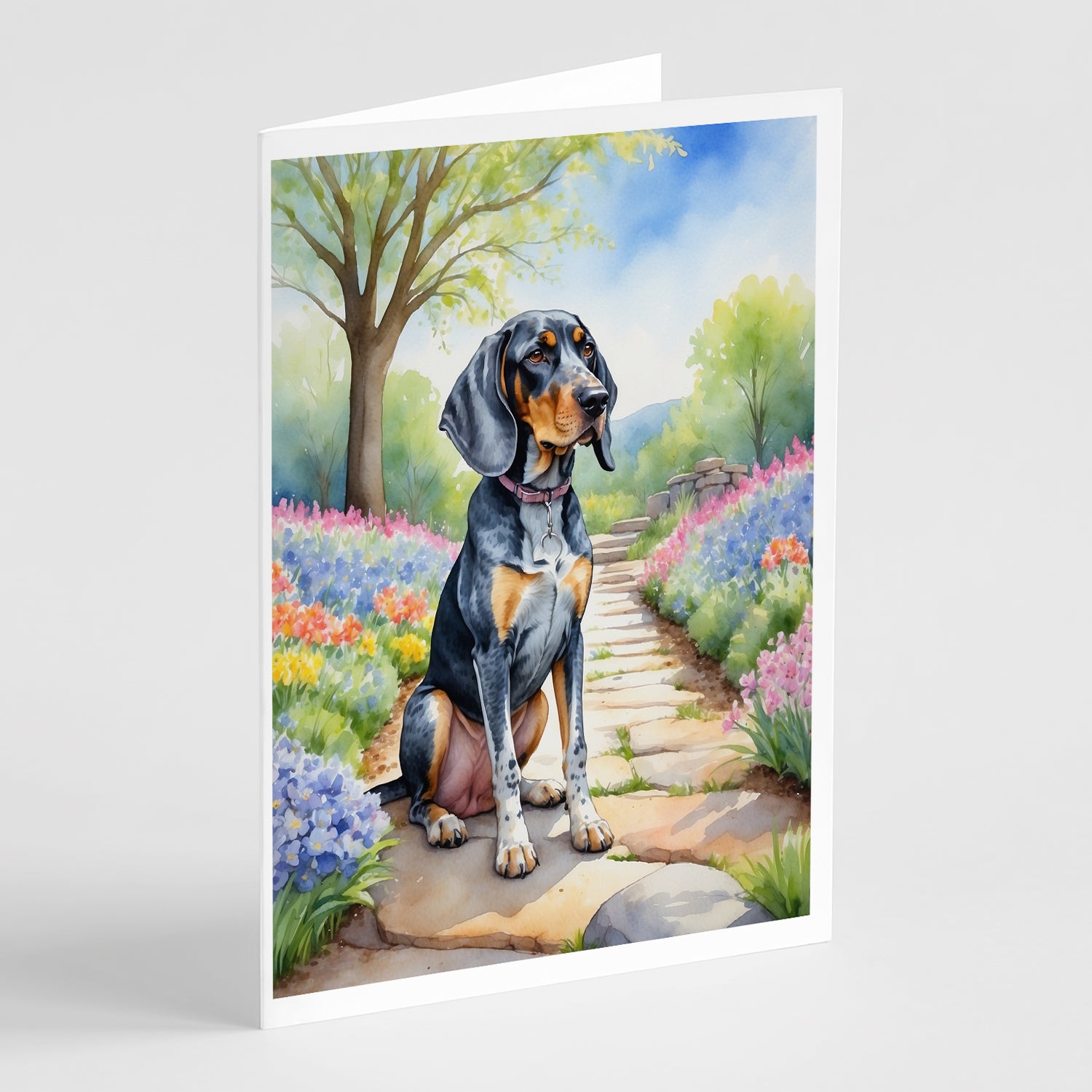 Buy this Bluetick Coonhound Spring Path Greeting Cards Pack of 8