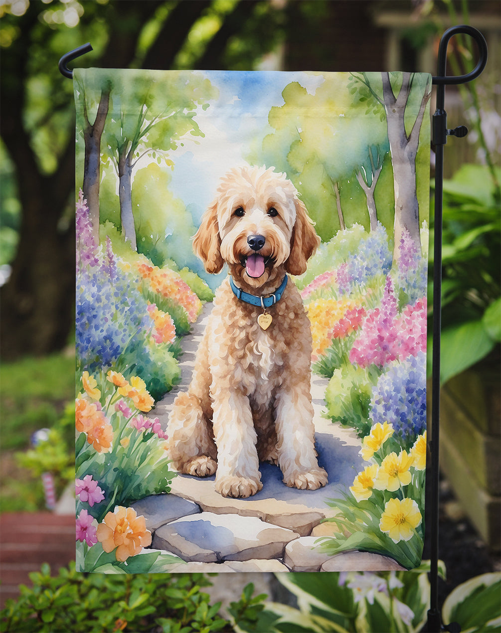 Goldendoodle Spring Path Garden Flag