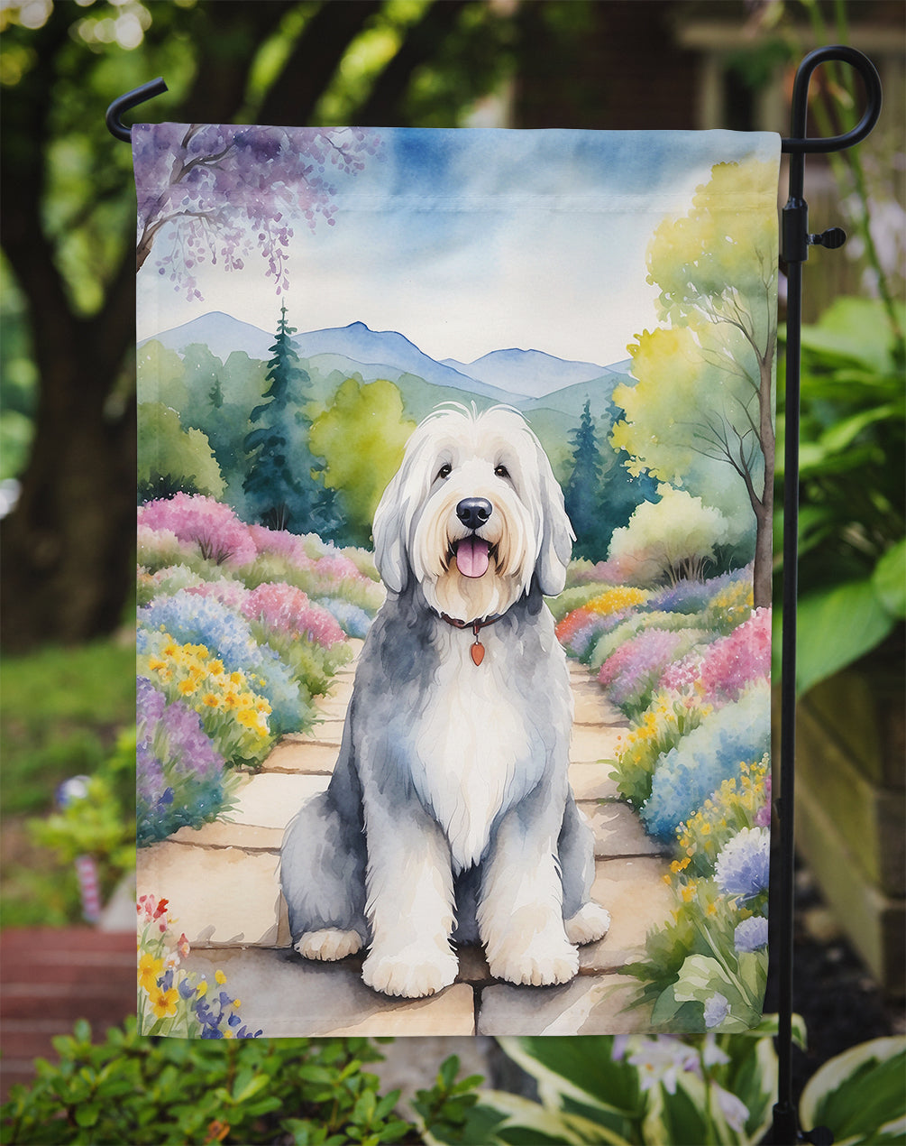 Old English Sheepdog Spring Path Garden Flag
