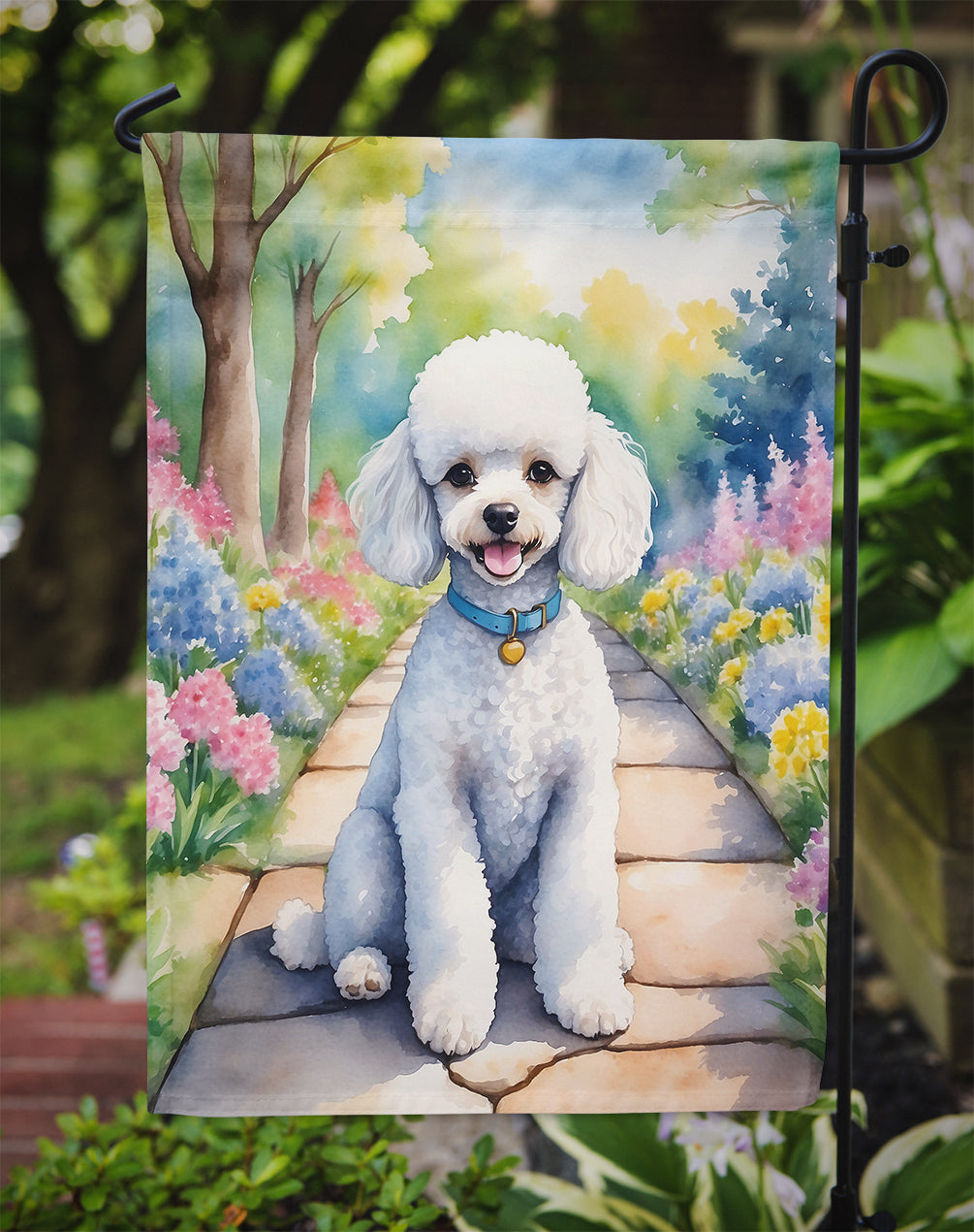 White Poodle Spring Path Garden Flag