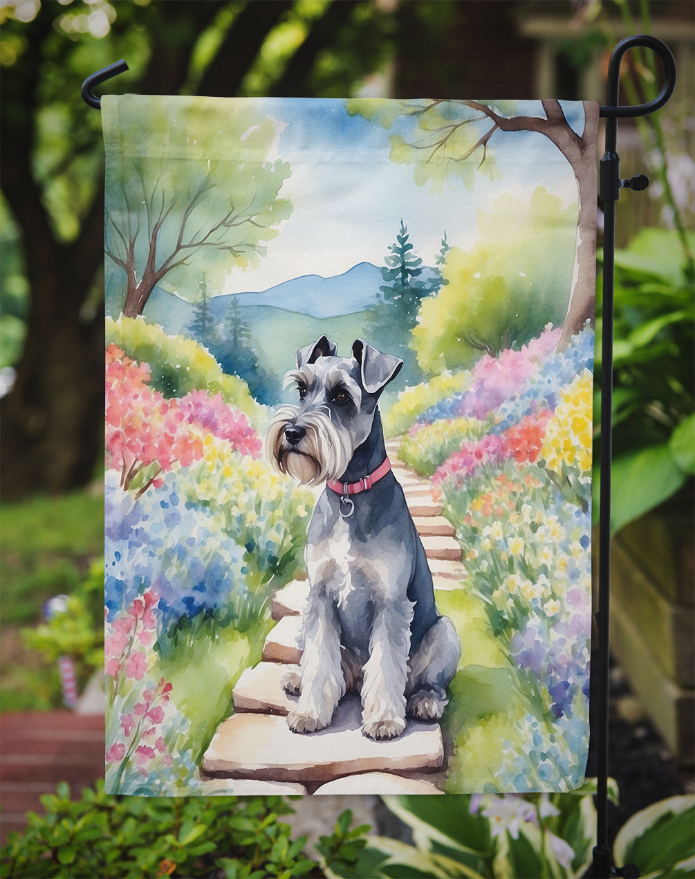 Schnauzer Spring Path Garden Flag