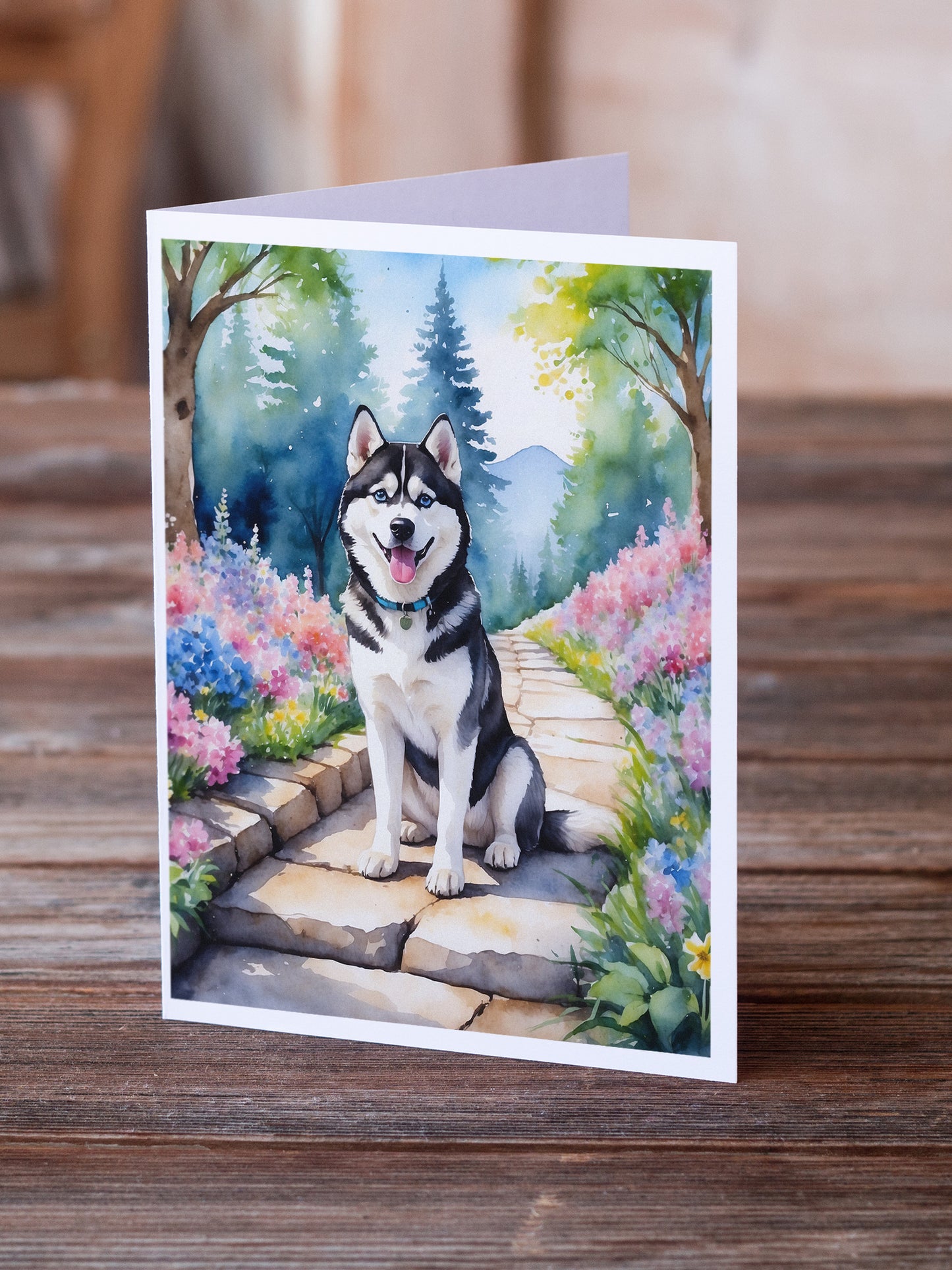 Siberian Husky Spring Path Greeting Cards Pack of 8
