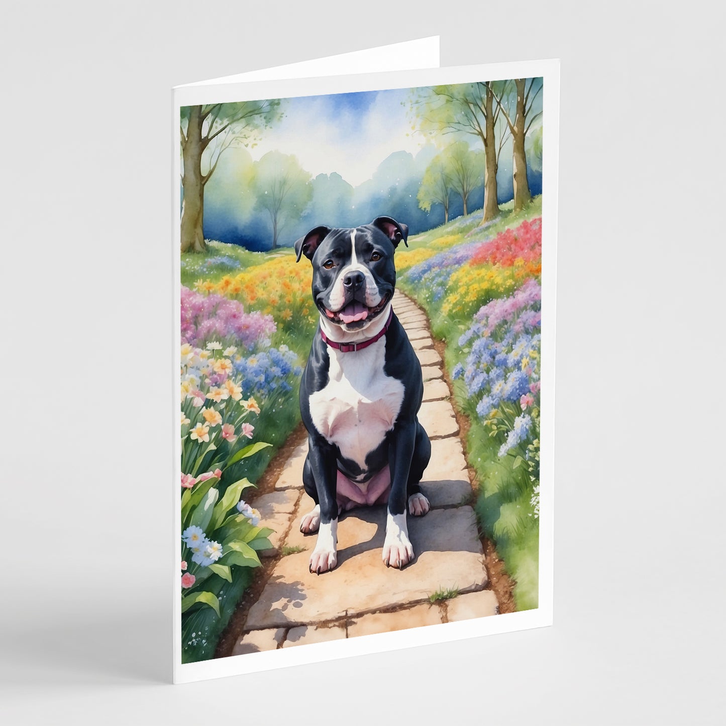 Buy this Staffordshire Bull Terrier Spring Path Greeting Cards Pack of 8