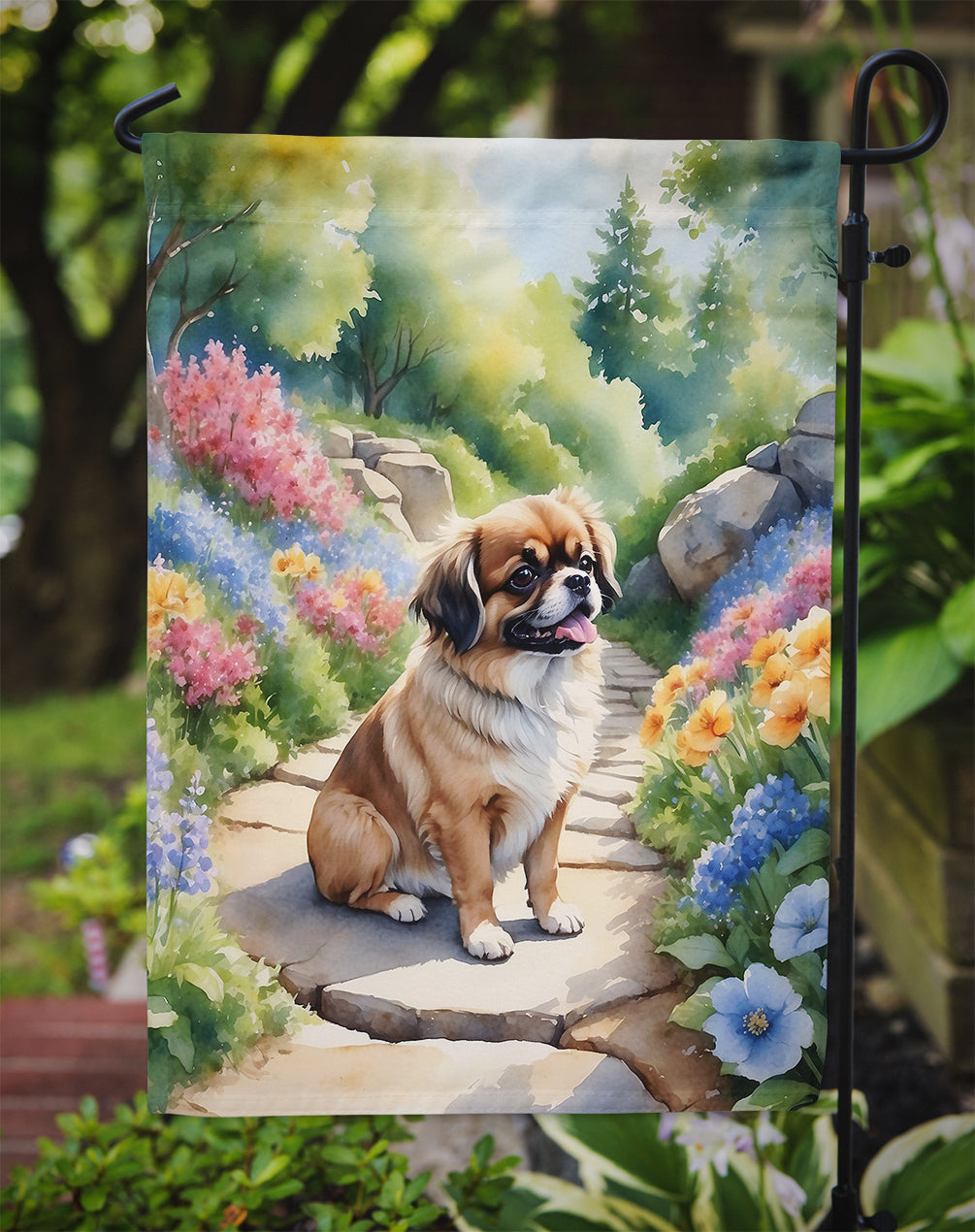 Tibetan Spaniel Spring Path Garden Flag