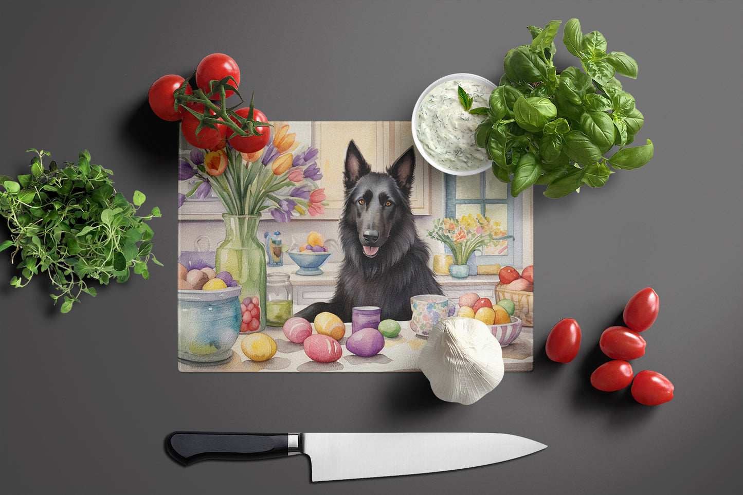 Decorating Easter Belgian Sheepdog Glass Cutting Board