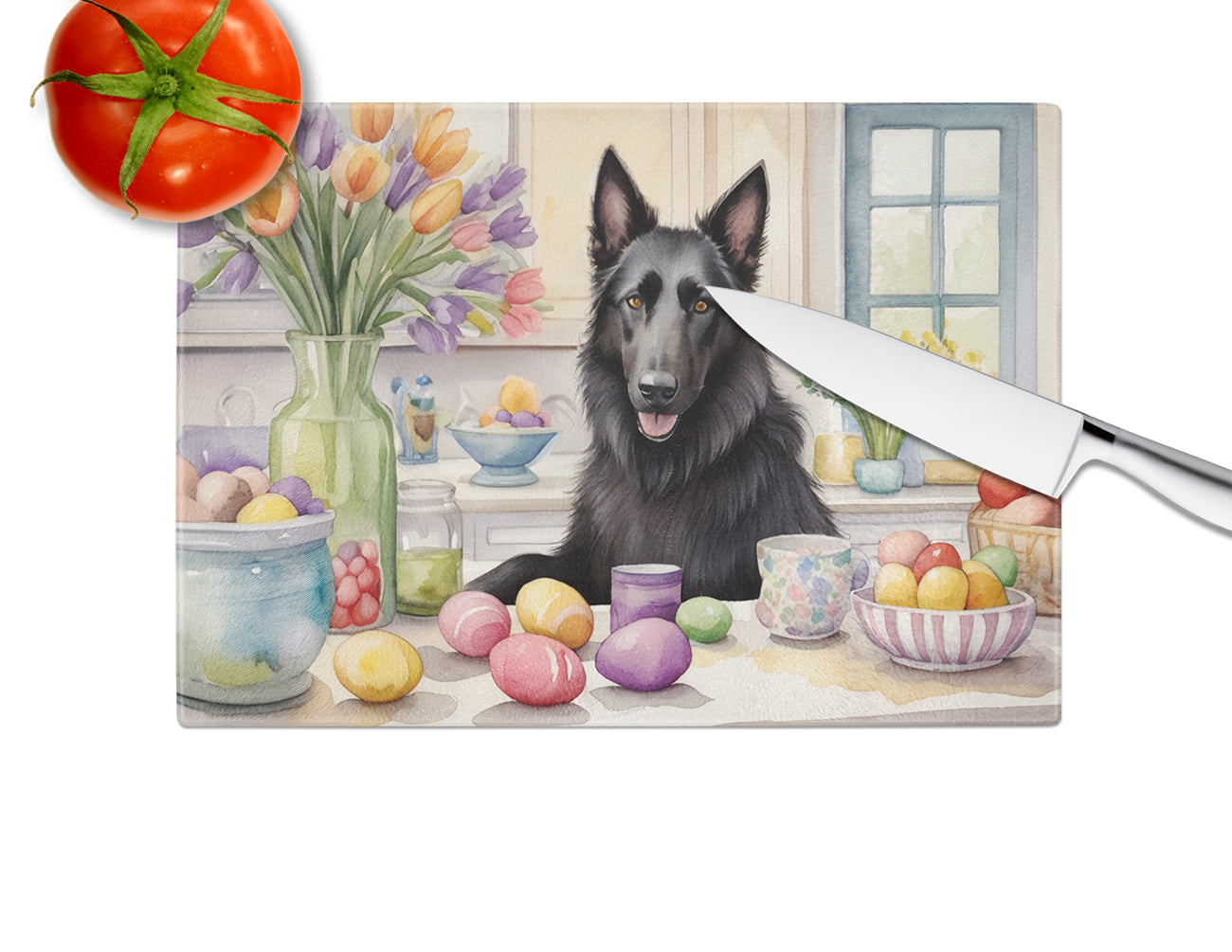 Decorating Easter Belgian Sheepdog Glass Cutting Board