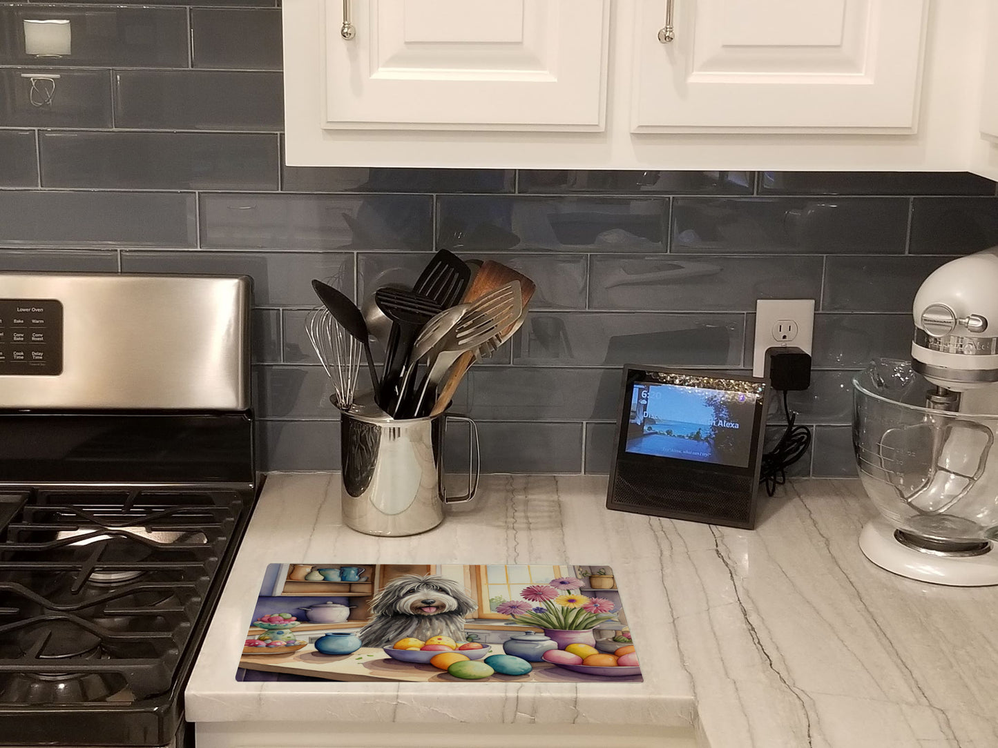 Decorating Easter Bergamasco Sheepdog Glass Cutting Board