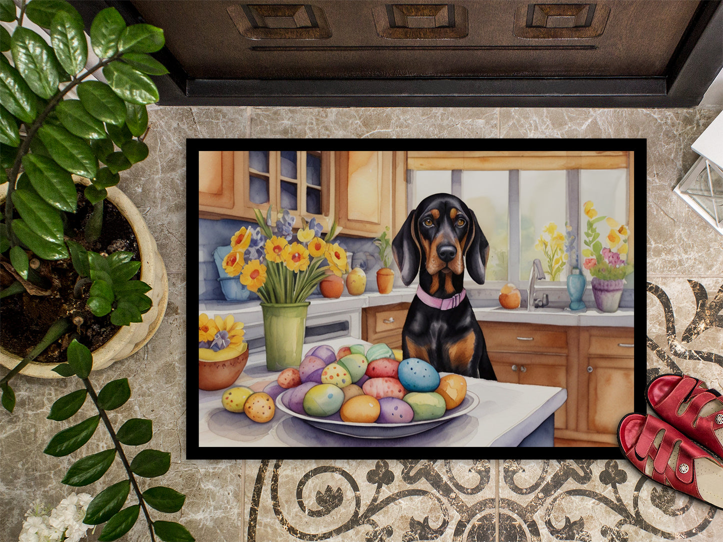 Decorating Easter Black and Tan Coonhound Doormat