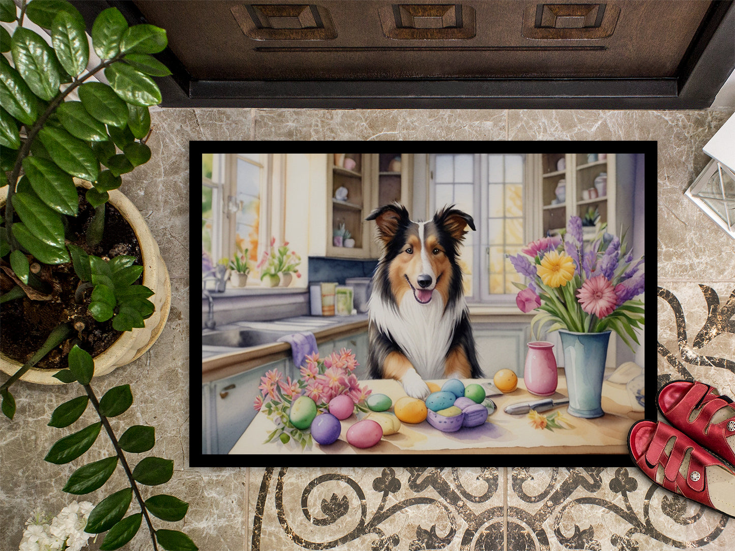 Decorating Easter Collie Doormat