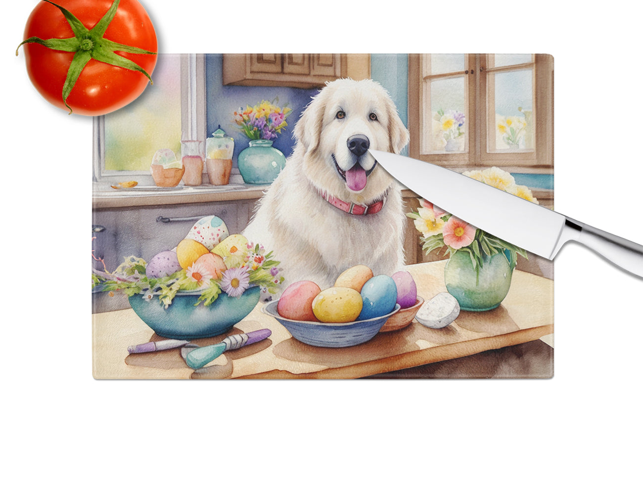 Decorating Easter Great Pyrenees Glass Cutting Board