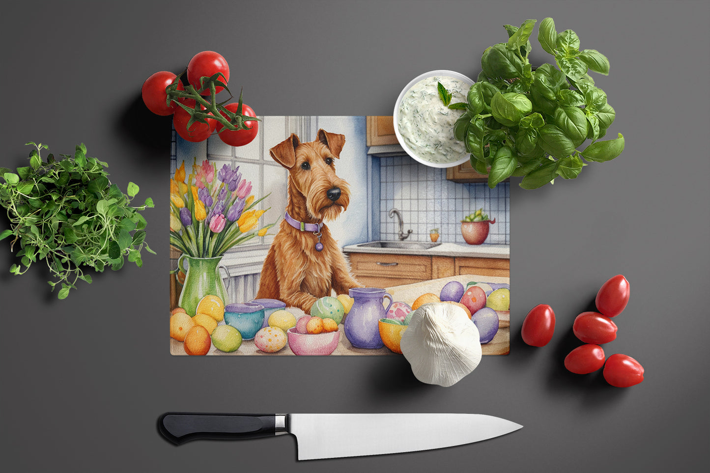 Decorating Easter Irish Terrier Glass Cutting Board