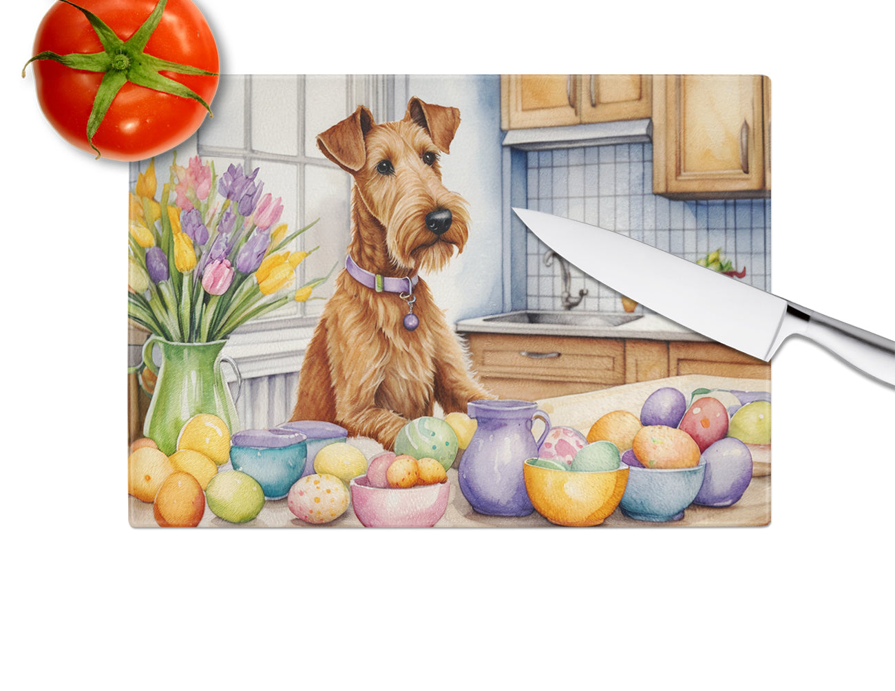 Decorating Easter Irish Terrier Glass Cutting Board