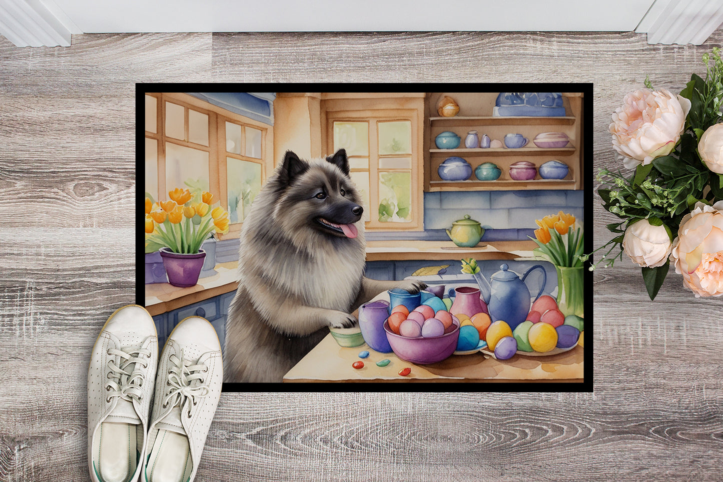 Decorating Easter Keeshond Doormat