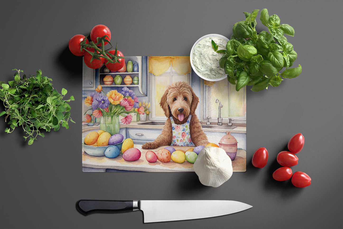 Decorating Easter Labradoodle Glass Cutting Board