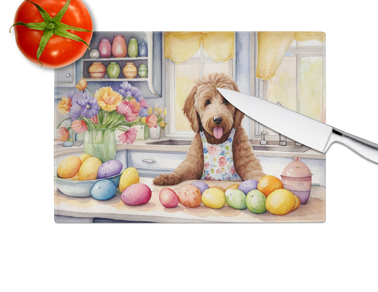 Decorating Easter Labradoodle Glass Cutting Board