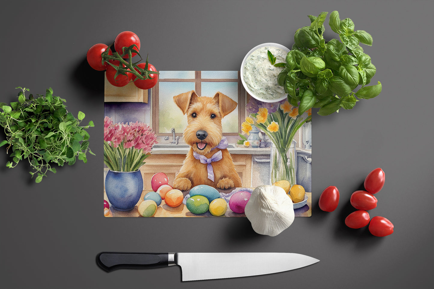 Decorating Easter Lakeland Terrier Glass Cutting Board