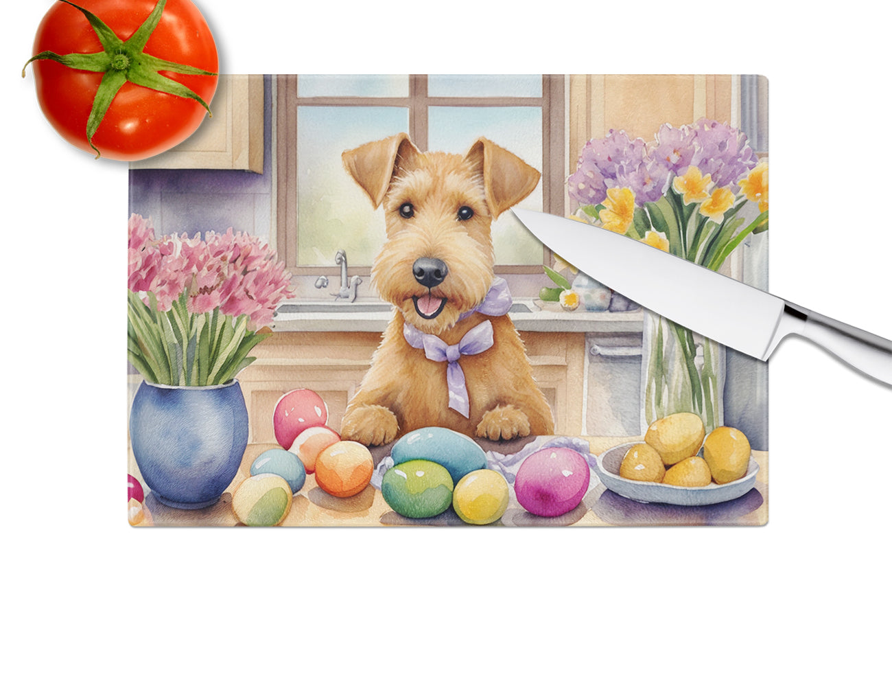 Decorating Easter Lakeland Terrier Glass Cutting Board