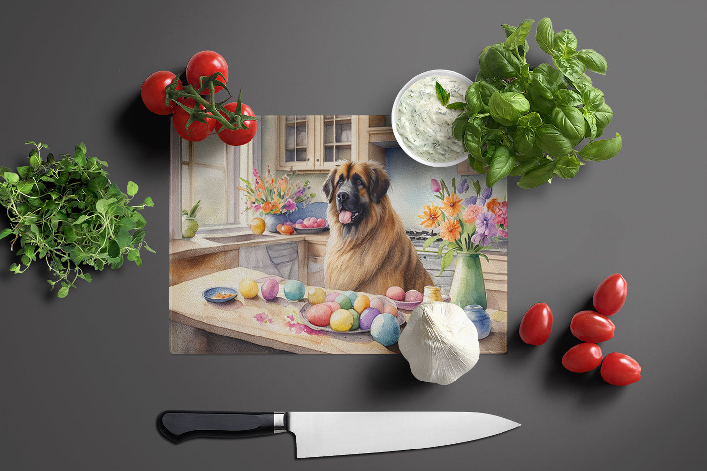 Decorating Easter Leonberger Glass Cutting Board