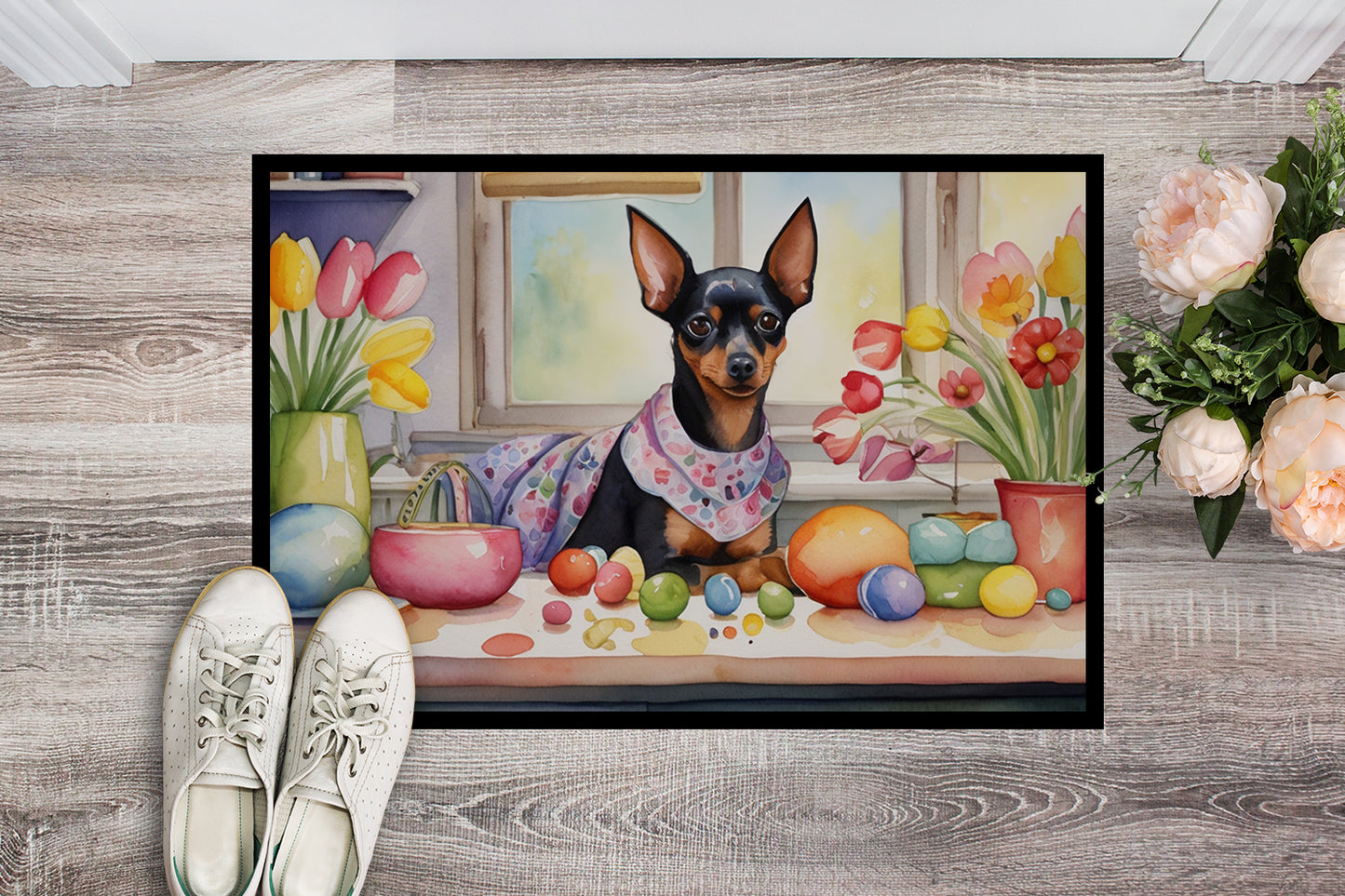 Decorating Easter Miniature Pinscher Doormat