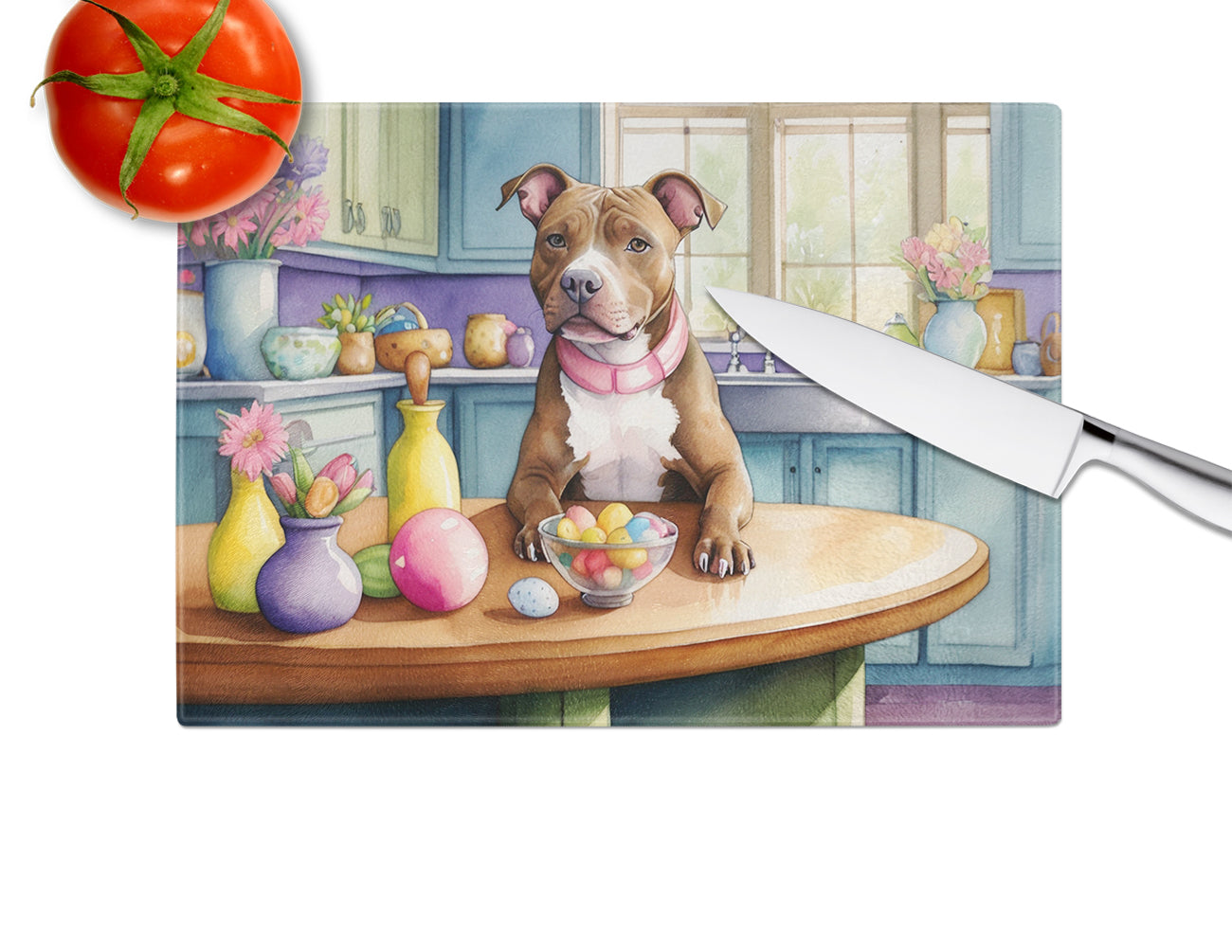 Decorating Easter Pit Bull Terrier Glass Cutting Board