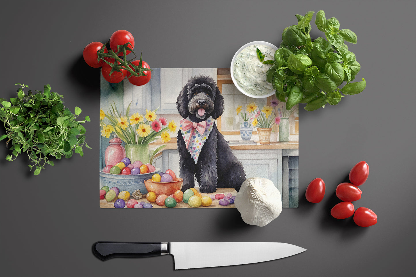 Decorating Easter Portuguese Water Dog Glass Cutting Board