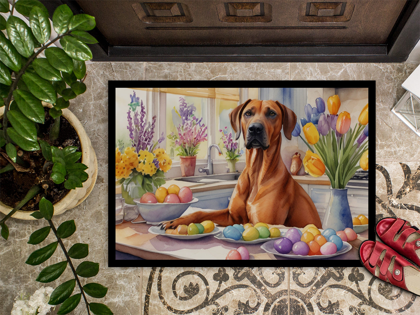 Decorating Easter Rhodesian Ridgeback Doormat