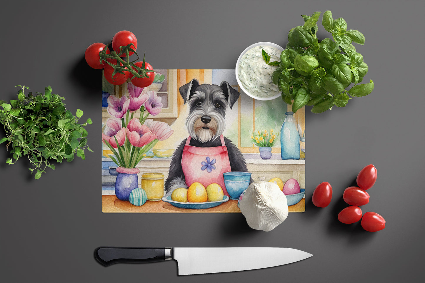 Decorating Easter Schnauzer Glass Cutting Board