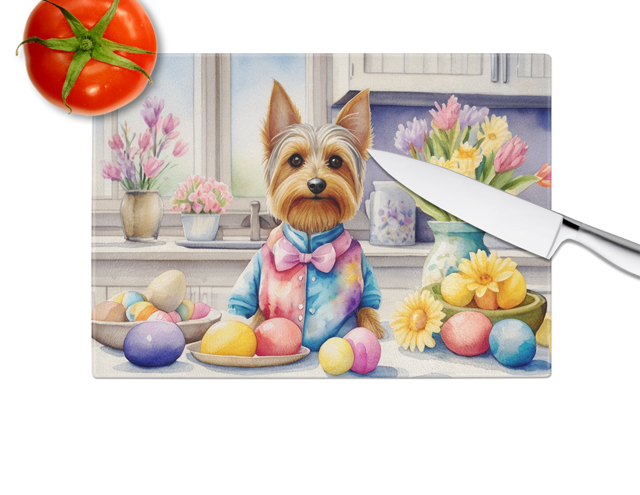 Decorating Easter Silky Terrier Glass Cutting Board