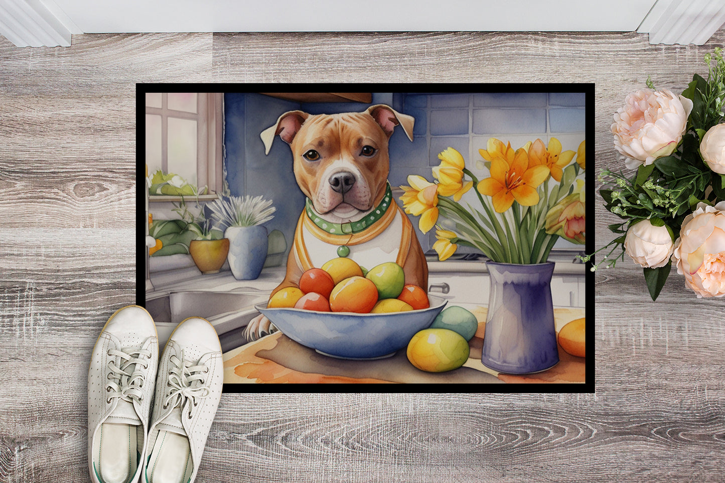 Decorating Easter Staffordshire Bull Terrier Doormat