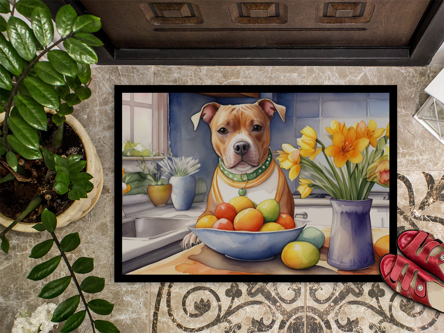 Decorating Easter Staffordshire Bull Terrier Doormat