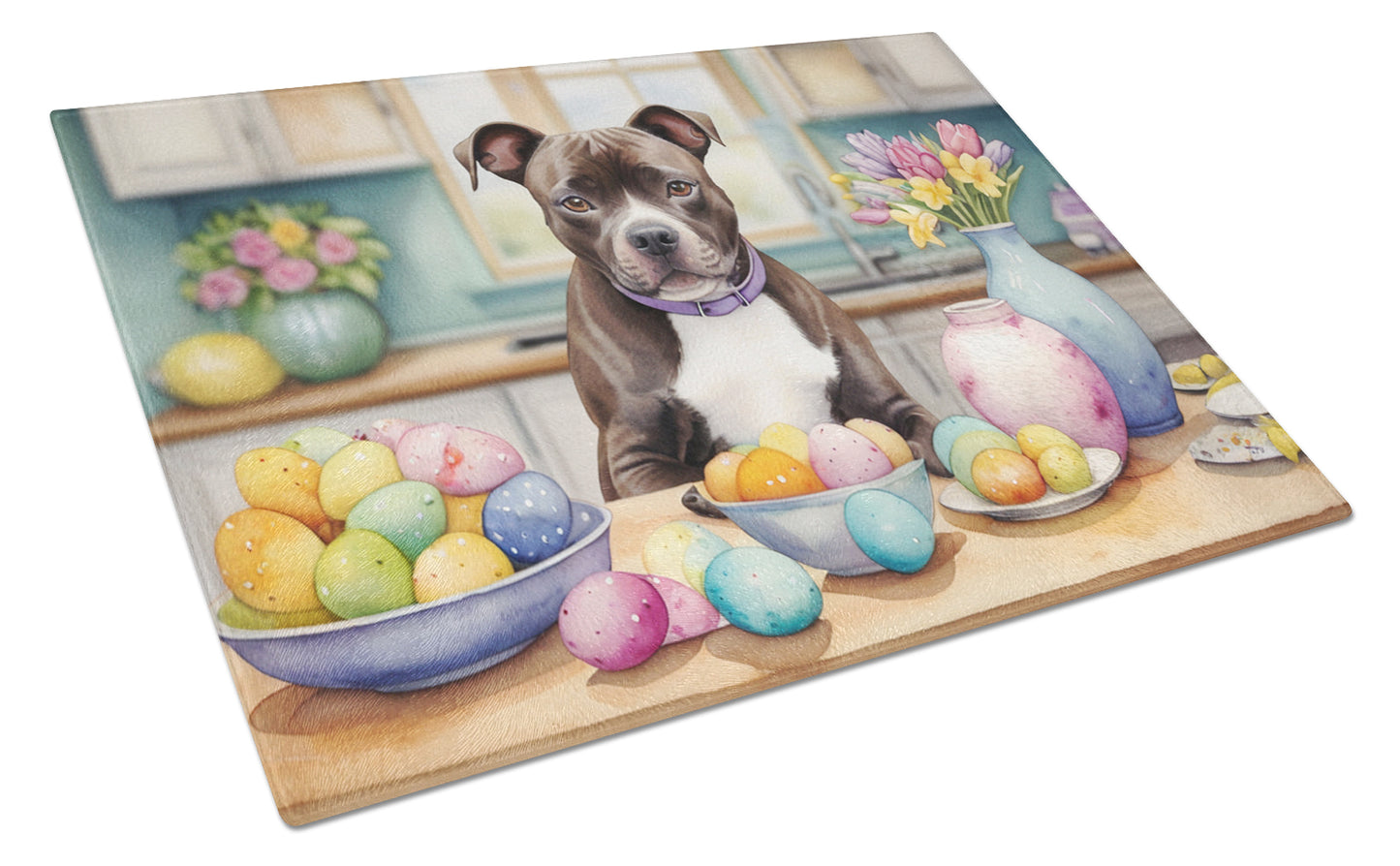 Buy this Decorating Easter Staffordshire Bull Terrier Glass Cutting Board