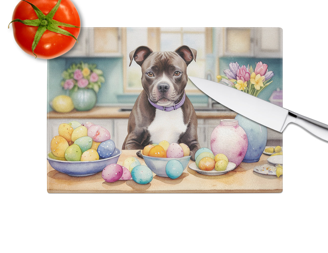 Decorating Easter Staffordshire Bull Terrier Glass Cutting Board