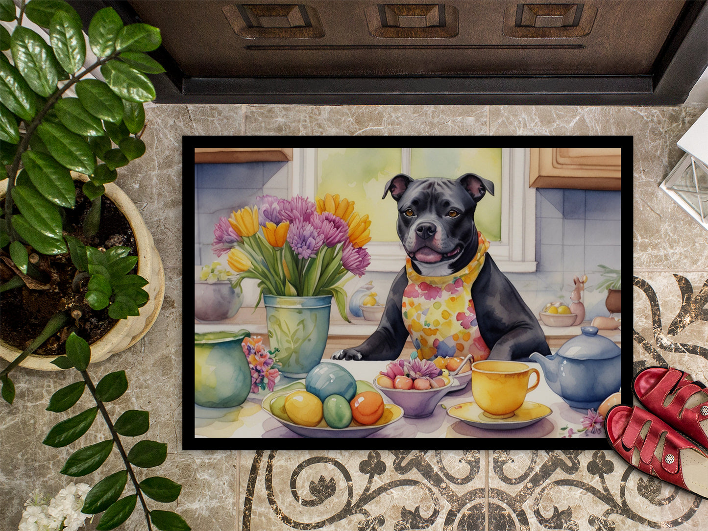 Decorating Easter Staffordshire Bull Terrier Doormat