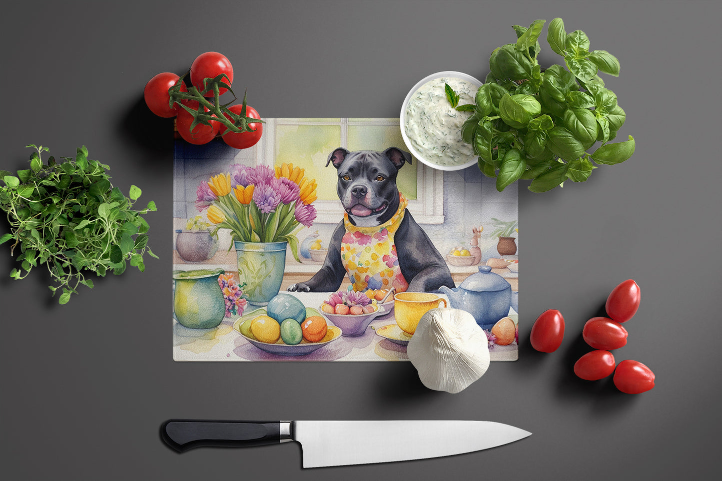 Decorating Easter Staffordshire Bull Terrier Glass Cutting Board