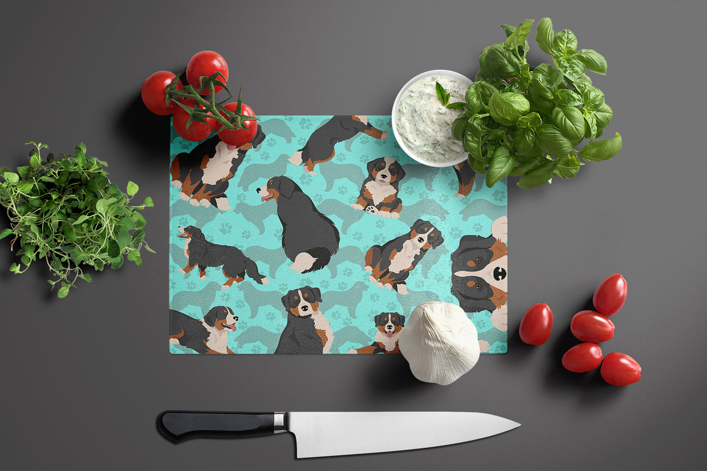 Bernese Mountain Dog Glass Cutting Board Large