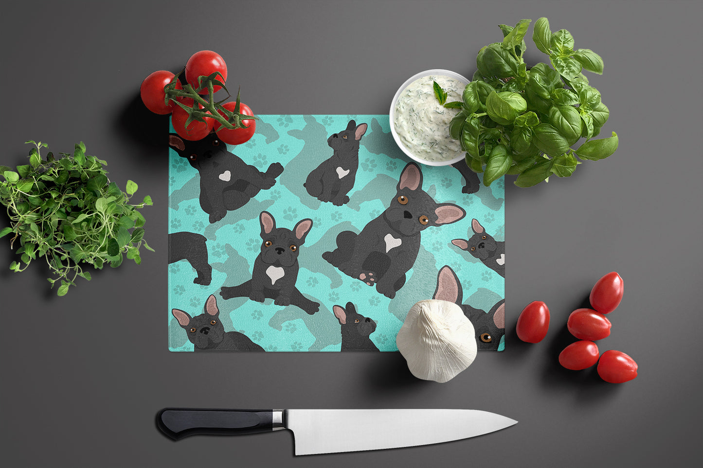 Black French Bulldog Glass Cutting Board Large