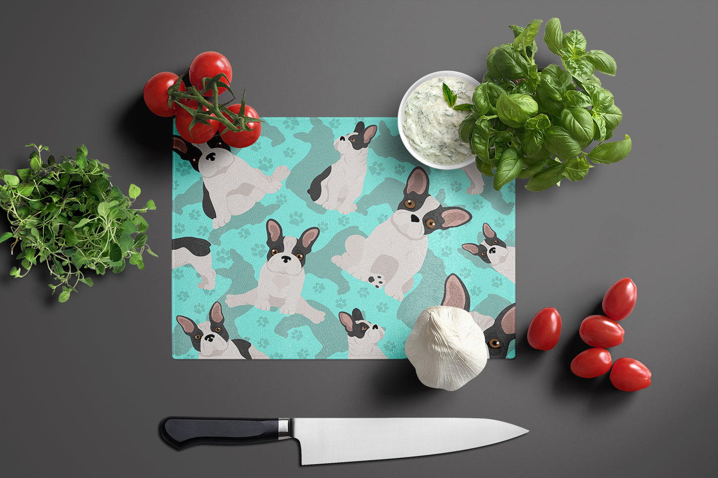 Black and White French Bulldog Glass Cutting Board Large